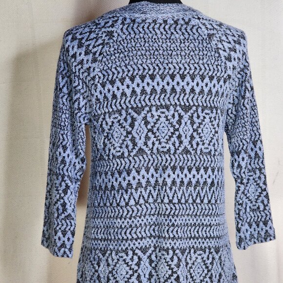 One World Periwinkle Black Mix Pattern 3/4 Sleeve Poly Lace Up Front Top Size S - Picture 13 of 16